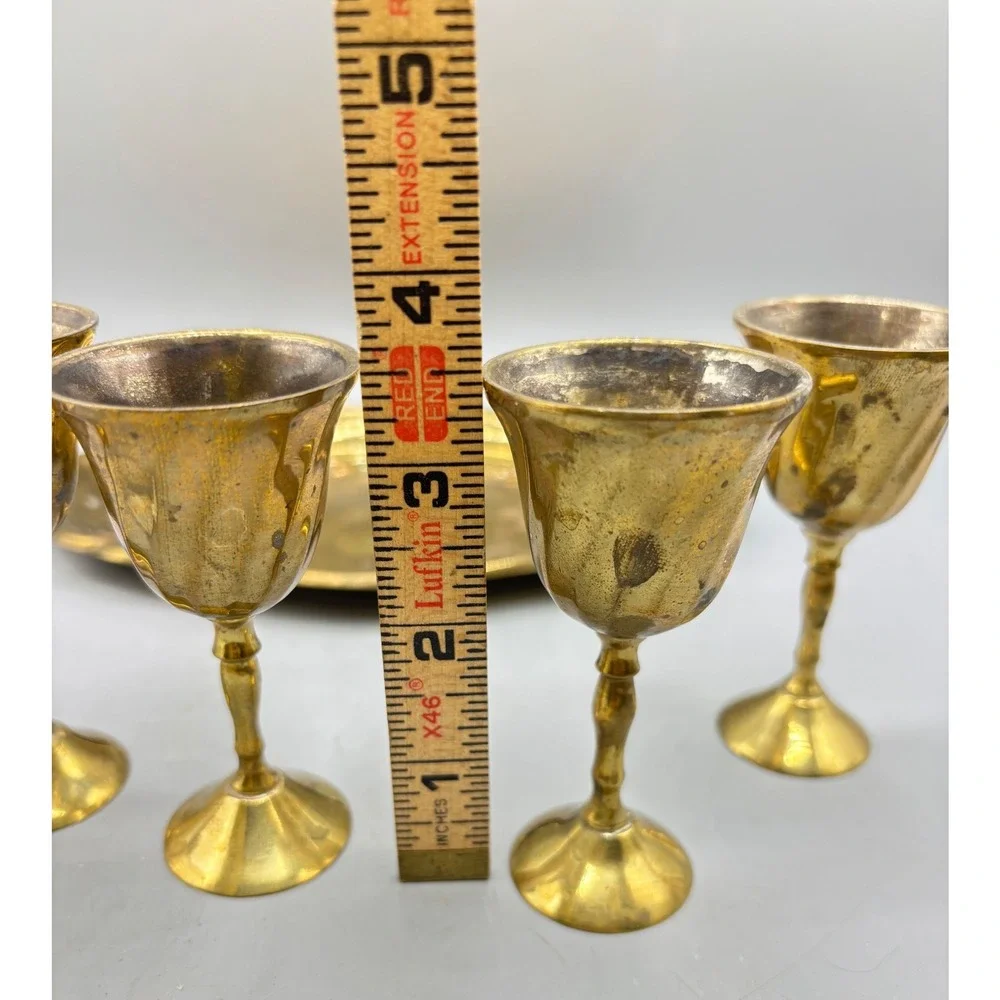 Vintage‎ Brass Liqueur Shot Glasses Set with Octagon Serving Tray Made in India